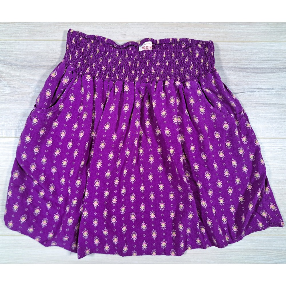 Mossimo Supply Co Boho Y2K Purple Print Smocked Waist Mini‎ Skirt Pockets sz M